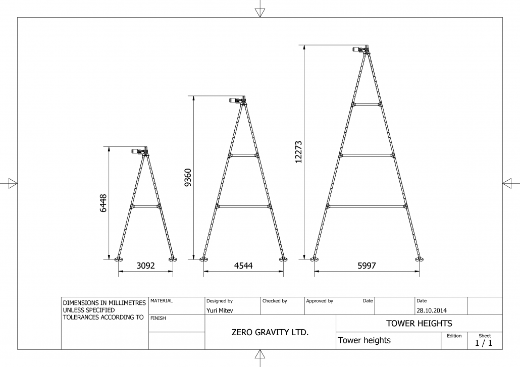 Technical diagram showing Zero Gravity tower height configurations: 9.3m full height and 6.4m without mid-section